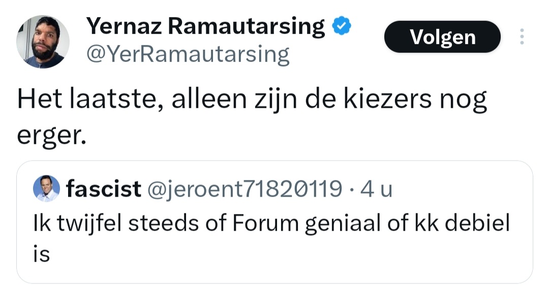 BertvanVondel's tweet photo. Kijk zo zet @YerRamautarsing de #FvD weg  als #KK #DEBIEL en hun kiezers nog erger. Wat is die gast diep gezoken zeg. @fvdemocratie #FVD https://t.co/jDURfgXPPP