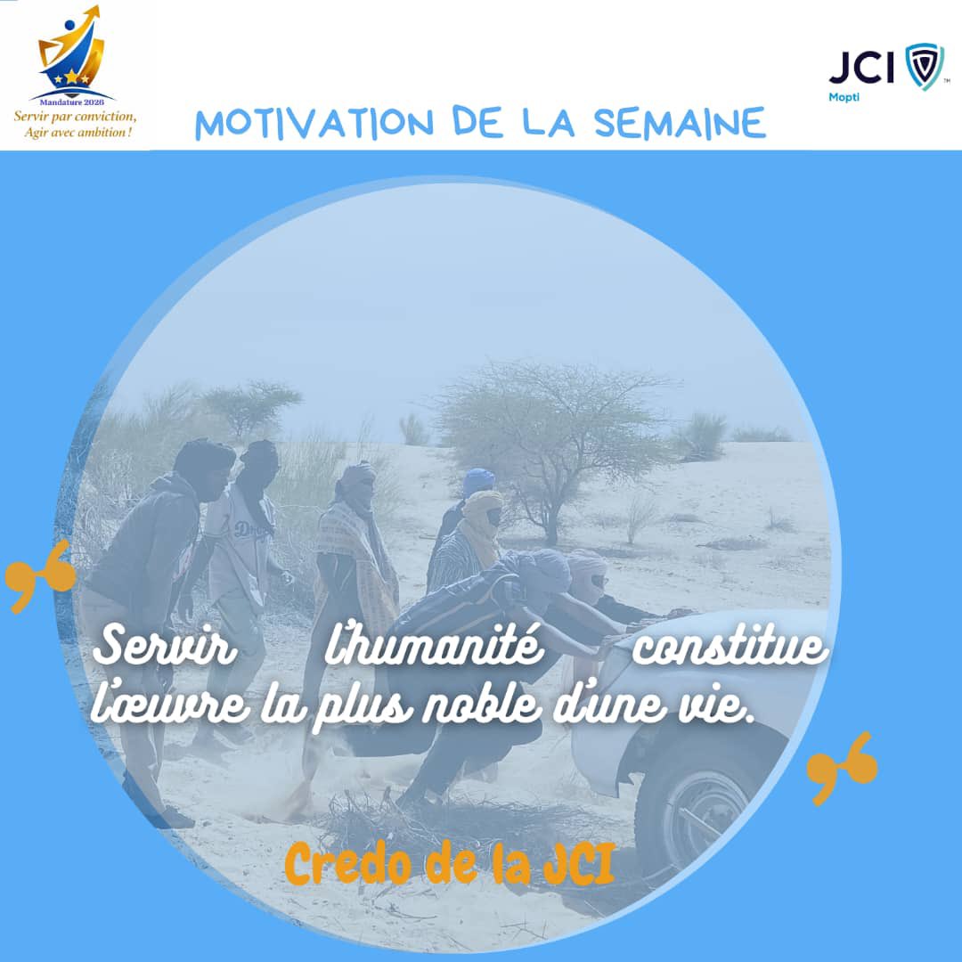 ✨ Et si cette semaine devenait celle de l’impact ?

Prenons une étincelle de notre⌚️, énergie &amp; 💰pour servir l’humanité.
Car au-delà de toute richesse, l’humain demeure le trésor le + précieux que nous possédions.
#JCIMopti #Leadership #ServiceALHumanité #ImpactPositif #Jeuness