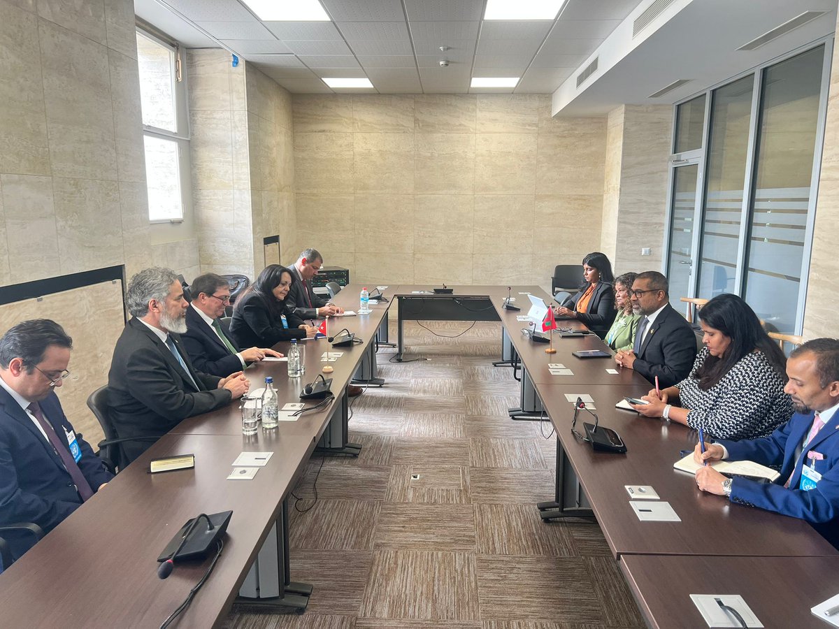 Foreign Minister Dr <a href="/abkhaleel/">Abdulla Khaleel</a> met with Minister of Foreign Affairs of Cuba <a href="/BrunoRguezP/">Bruno Rodríguez P</a> on the sidelines of #HRC61.
 
Discussions focused on shared priorities and multilateral cooperation between both nations