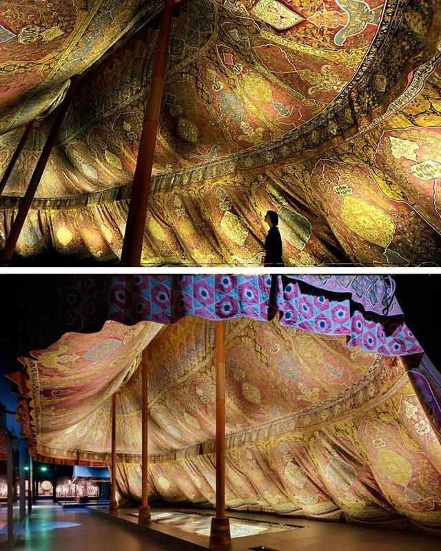 A 17th-century Ottoman tent made of silk and gilded leather.