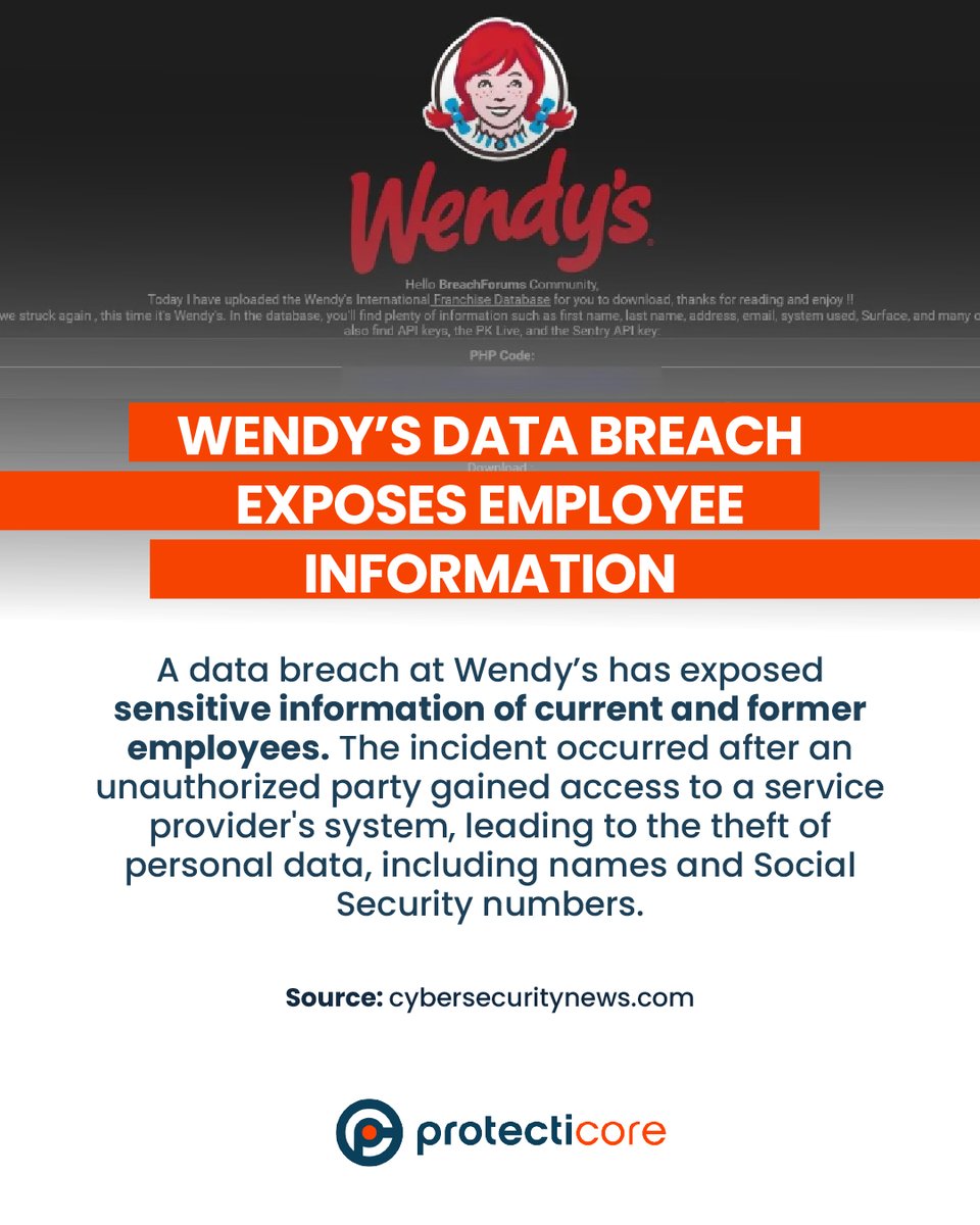 protecticore's tweet photo. 🚨 #DataBreach: Wendy’s reports a security incident exposing employee Social Security numbers and personal data. The breach originated from a third-party service provider. 🛡️🍔

#CyberSecurity #USA #Wendys #DataLeak #Privacy https://t.co/x12PhY6ESE