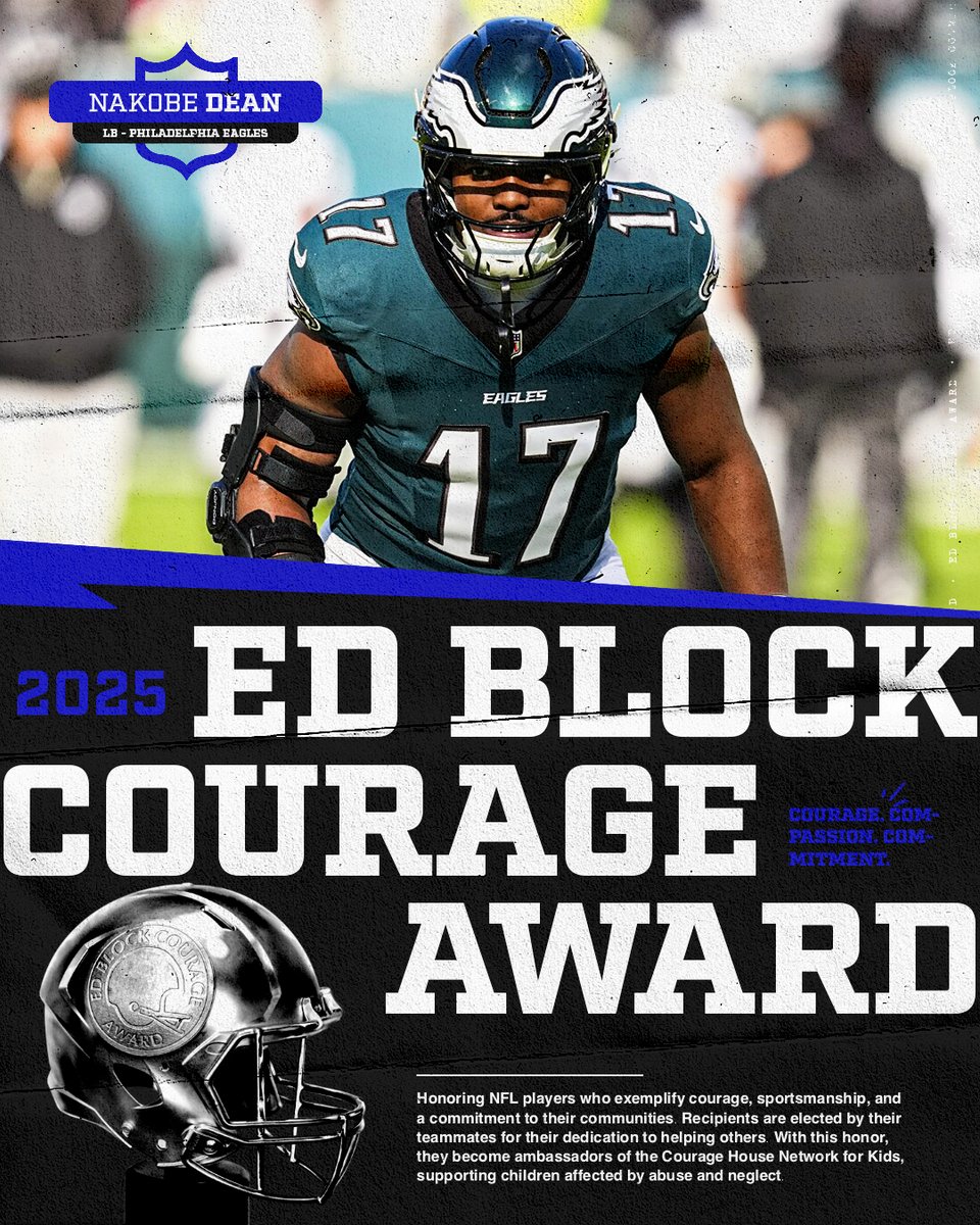 EdBlock's tweet photo. Congratulations to @Eagles LB @NakobeDean on being selected by his teammates to be their 2025 Ed Block Courage Award Recipient!
#EdBlock #CourageAward #NFL #Eagles https://t.co/vsesPQgKN4