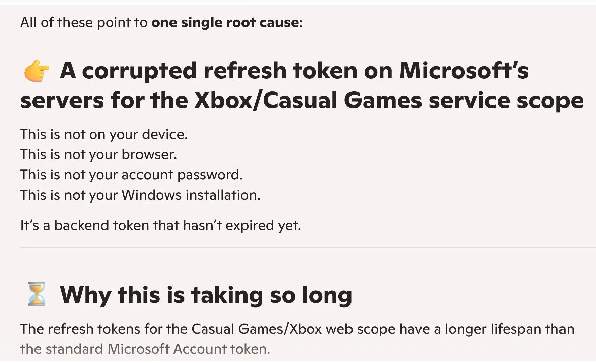 MyUniqueView's tweet image. @MicrosoftHelps  
Problem: Days without #MicrosoftGames like #Solitaire 
"Not a local issue" - copilot confirmed after 6-hour troubleshooting session
Issue: corrupt (not refreshing) backend identity token for Casual Games/Xbox web scope. User cannot fix this.
Design fault?!?!
