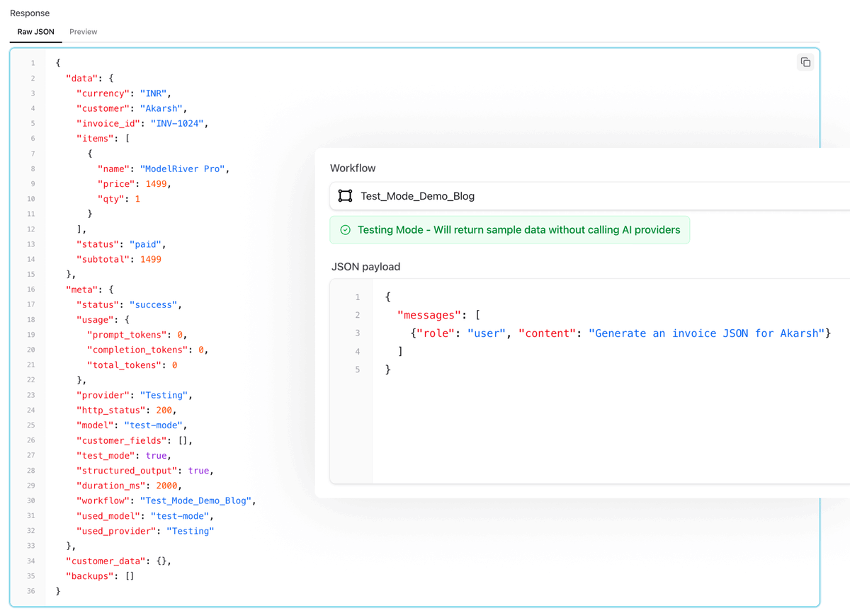 akarshcp's tweet photo. Testing AI workflows often means calling a real model every time.

Even in CI.

We wanted a way to validate logic without touching a provider.

So we built support for testing workflows with the same API shape and zero token usage.

Free during testing.

More details in the reply 👇
