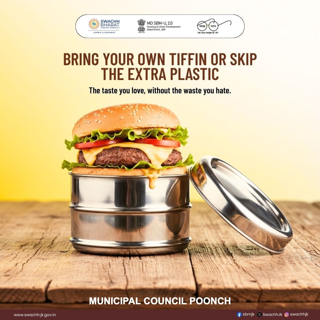 Why choose single-use plastic? Bring steel containers—keep food fresh, reduce waste, show commitment to a cleaner, greener planet
<a href="/MoHUA_India/">Ministry of Housing and Urban Affairs</a> 
<a href="/md_sbm/">Swachh Bharat Mission Urban , J&K</a> 
<a href="/JKHUDD1/">J&K Housing & Urban Development Department</a>
<a href="/PoonchDm/">Deputy Commissioner Poonch</a> 
<a href="/JammuUlb/">Urban Local Bodies, Jammu</a>
<a href="/diprjk/">Information & PR, J&K</a> 
<a href="/DICPoonch/">Information & PR, Poonch</a>
<a href="/khalilBanday/">Khalil A Banday (خلیل احمد بانڈے)</a>