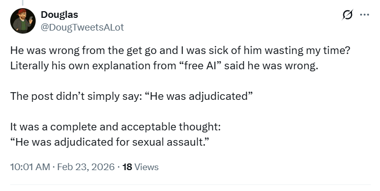 skipscapskank's tweet photo. @DougTweetsALot @ChuckEWeiss @blinkinriley @JoshPateCFB haha, replies and blocks me too. He must be super-confident in his correctness!  "Adjudicated for sexual assault" STILL doesn't indicate what was decided, genius. The fact that you're still arguing this is absolutely hilarious. 😂 https://t.co/jbFRuBrXTF