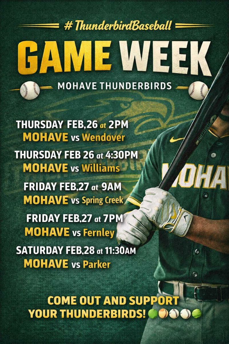 MohaveBaseball's tweet photo. The Thunderbirds are headed into a big tournament weekend, and we need the Green &amp; Gold behind us! 💚💛

Come out, be loud, and support your Mohave Thunderbirds as we compete all weekend long.

#ThunderbirdBaseball #MohaveBaseball #GameWeek #GreenAndGold https://t.co/d5FJZ5drYi
