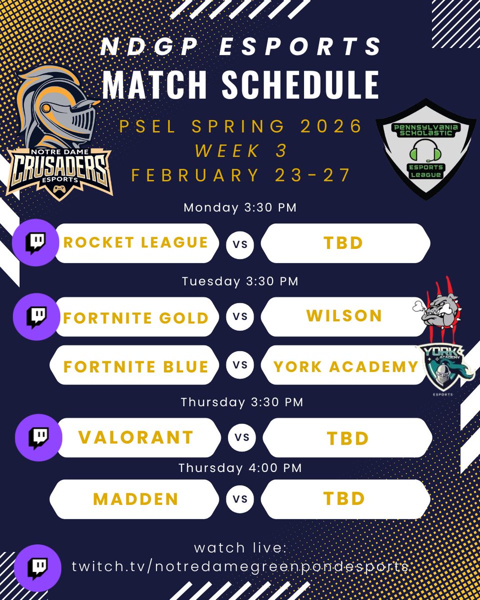 NDGP_Esports's tweet photo. Week 3 schedule 🎮

Rocket League, Valorant &amp; Madden 26 are queueing — opponents TBA.
Fortnite Gold vs Wilson
Fortnite Blue vs York Academy
SSBU BYE week.
Twitch icon = streamed live 👀
https://t.co/m1Z1SzIUYA
#NDGPEsports #PSEL @playvs @PSELesports https://t.co/5oPe9sxjAl