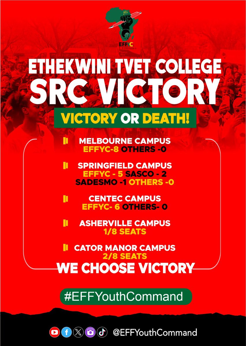 ♦️SRC VICTORY♦️

We thank the students of the Ethekwini TVET College for choosing the EFF Youth Command. 

Salute to the fighters on the ground for their bravery and hard work.

Victory or Death! 

#EFFYouthCommand