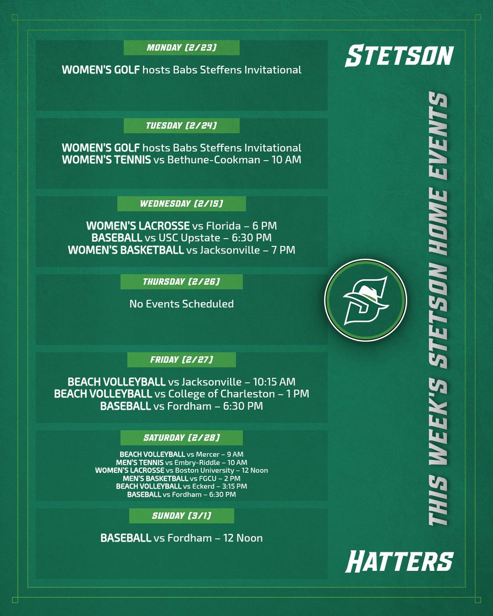 StetsonHatters's tweet photo. Another loaded week of home events!

Here's what's going on in DeLand ⬇️

#GoHatters | #DefendDeLand | @StetsonHatters https://t.co/82ESGiFA1H