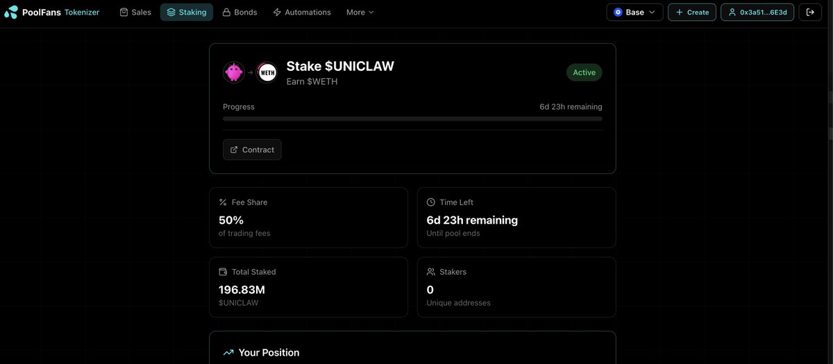 Revenue Sharing Staking Pool is live 🚀
Stake $UNICLAW to earn 50% of all trading fees in WETH for the next 7 days 👉 tokenizer.pool.fans/staking-reward…