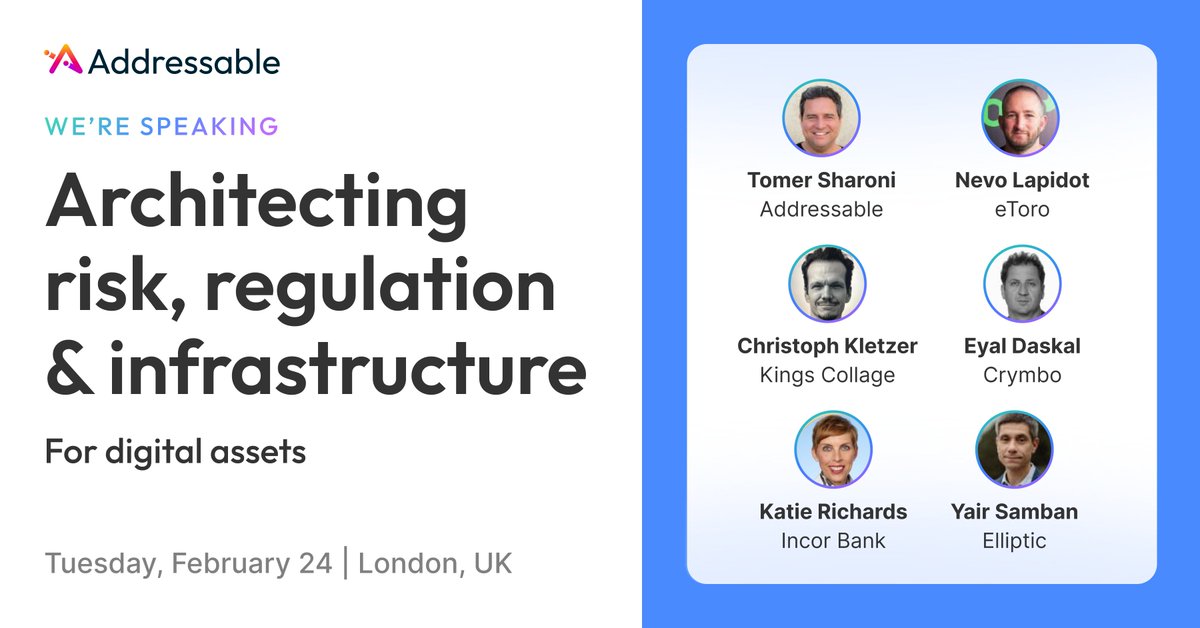 addressableid's tweet photo. Catch our co-founder @TomerSharoni in London tomorrow at the STG-3 RWA & Stablecoins Summit. 🇬🇧

He’s joining an elite panel to discuss the "plumbing" of digital assets:

Joining the discussion:

→ Nevo Lapidot from @eToro
→ Yair Samban from @elliptic
→ @c_kletzer from @KingsCollegeLon
→ @EyDa1510 from @CrymboTech
→ Katie Richards from Incor Bank

If you want a glimpse into the next phase of Addressable's on-chain intelligence, come find the team on the floor.