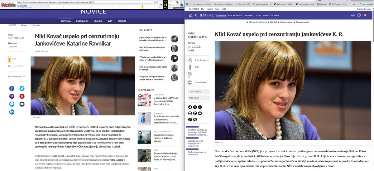 Malo sem zdaj gledal nazaj in ugotovil, da so na siol.net sistematično spreminjali tekste, tudi moje komune, vse brez soglasja avtorja... Kakšna beda od vladnega medija. Tole je le en primer iz spletnega arhiva (levo) in danes dostopno (desno) cenzurirano: