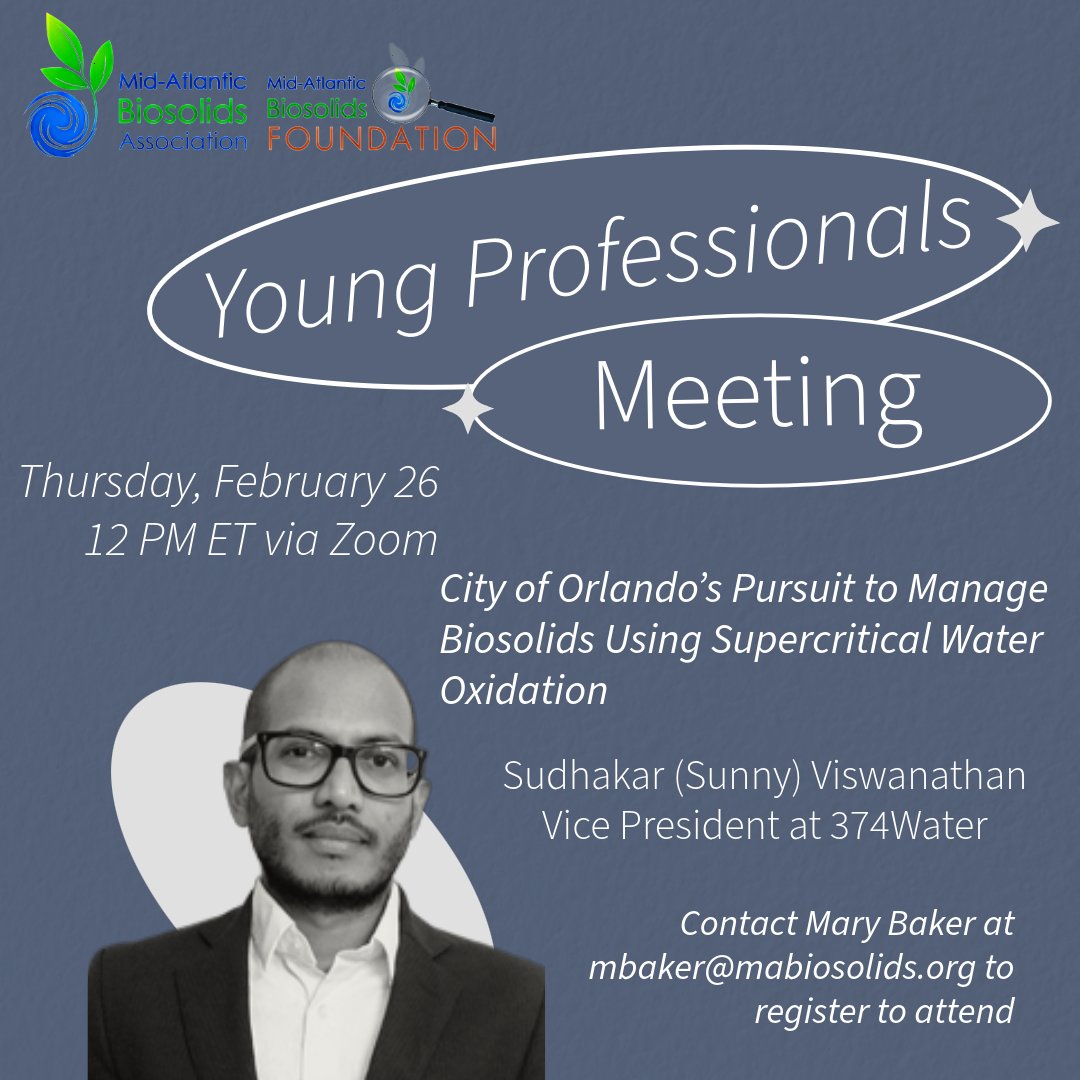 Join the MABA YP committee meeting this Thursday!

Guest speaker Sudhakar Viswanathan from 374 Water will share his presentation, City of Orlando’s Pursuit to Manage Biosolids Using Supercritical Water Oxidation.

Contact Mary Baker at mbaker@mabiosolids.org or 845-901-7905.