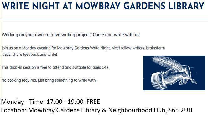 Stag_RosePPG's tweet photo. #monday #WriteNight #FREE session

⏲️ 17:00 - 19:00
Mowbray Gardens Library &amp; Neighbourhood Hub, S65 2UH

Full details below.

#writingcommunity #CommunityEvent #bettertogether

@RothLibraries https://t.co/yQPOqCExTM