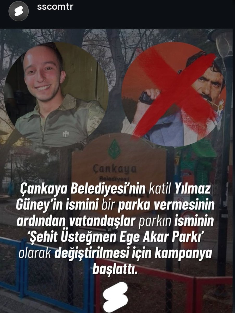 bu parkta, ankara’nın her sokağına bir anı bırakan ve çocuk sevgisiyle bilinen metan gazında kaybettiğimiz Şehit Üsteğmen Ege Akar’ın ismini görmek istiyoruz. sesimizi duyurmamıza yardımcı olduğunuz için teşekkür ederiz <a href="/sscomtr/">S Medya</a> 🙏🏻