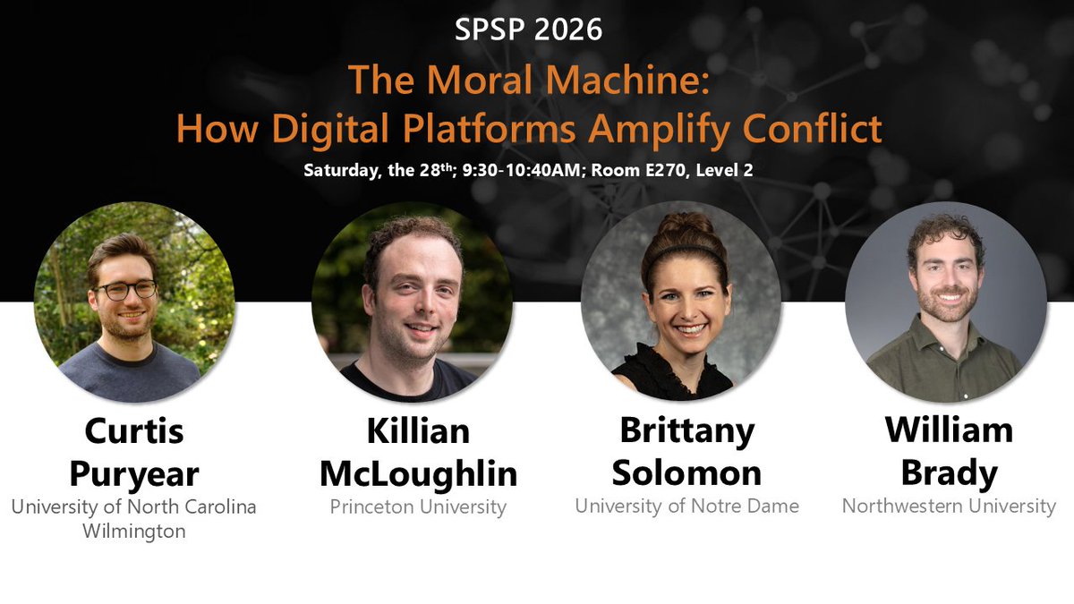 CurtisPuryear's tweet photo. Interested in why moral conflict is so common on social media?
Join us at #SPSP 2026 for our symposium. We’ll present new findings on how platforms shape digital discourse and explore pathways toward healthier online environments
🗓 Sat, 28th | 9:30–10:40 AM
📍Room E270 https://t.co/mksVzMCuyr
