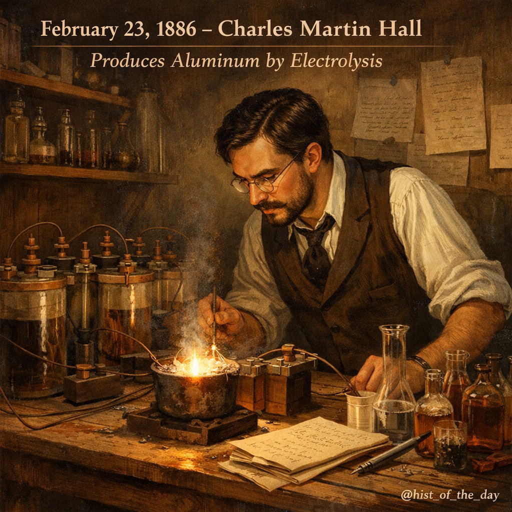 #OnThisDay February 23, 1886, Charles Martin Hall successfully produced the first samples of aluminium by electrolyzing aluminium oxide (alumina), marking a turning point in industrial metallurgy.

Before this breakthrough, aluminium was rarer than silver and incredibly