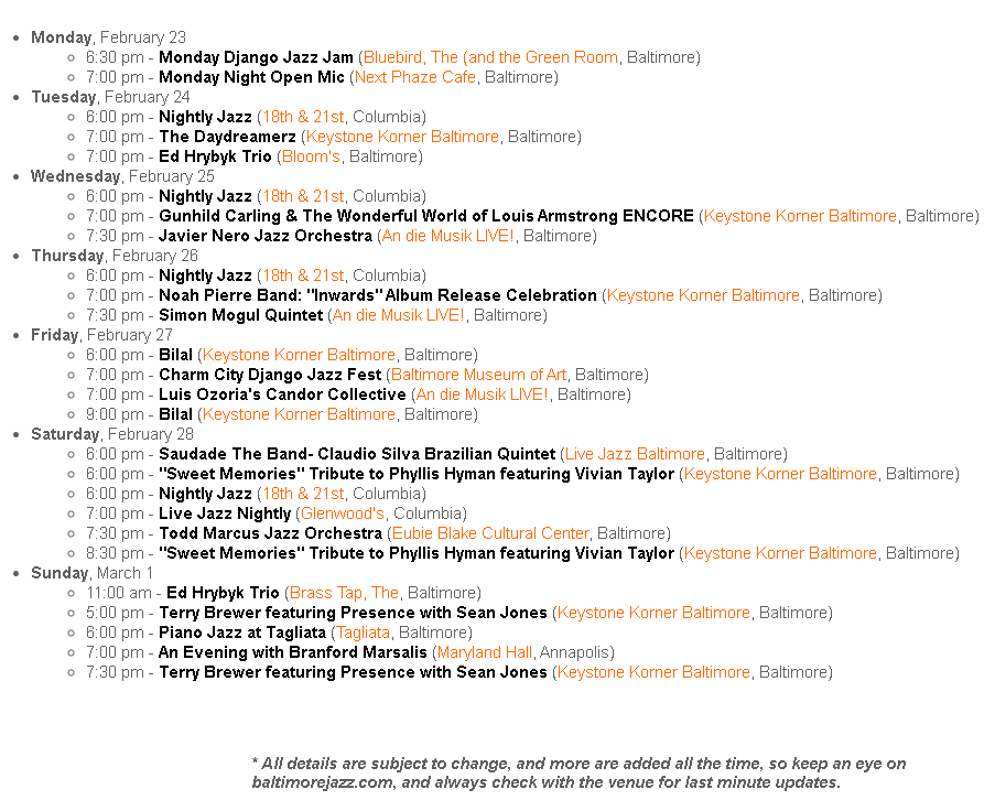 BaltimoreJazz1's tweet photo. Where's the Jazz? Here's what's happening in the Baltimore jazz scene this week - if we're missing something, let us know! Find complete details (or better still, add your own events!) at https://t.co/iQ9ikOvwOC #baltimorejazz #wheresthejazz
Member-supported, volunteer-run, BJA https://t.co/j0HA4OGUKP