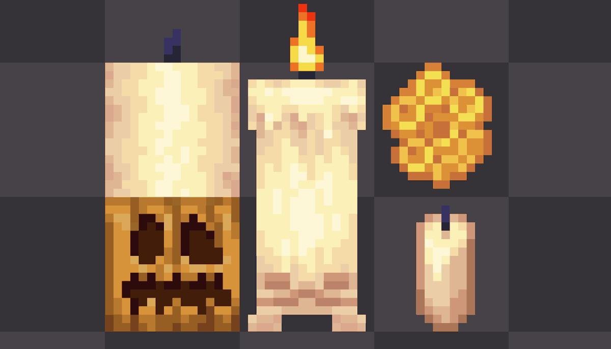 Nopeable_'s tweet photo. Next, Wax Golems! A witch's warding companion or a personal portable light source! Wax Golems can either be made by the player by placing a Large Candle on a Pumpkin, or found at Witch Huts standing vigil where witches use them to ward off unwanted presence!

#minecraft #pixelart https://t.co/J9aTKbjL4y