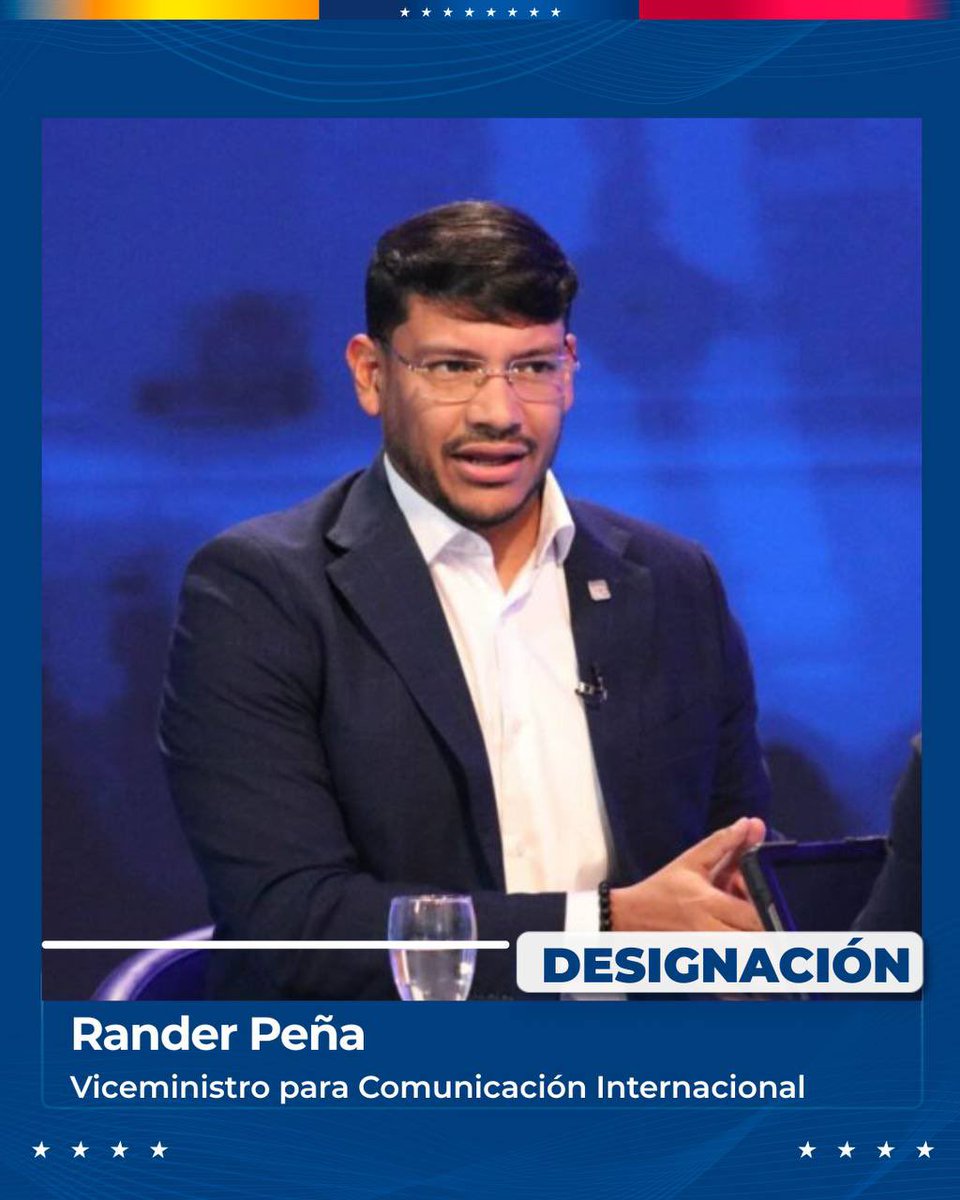 Presidenta (E) Delcy Rodríguez: He designado a Rander Peña como Viceministro para Comunicación Internacional. Sé que, con su experiencia y capacidades demostradas, llevará la verdad de Venezuela ante los pueblos. Agradecemos a Camilla Fabri de Saab por su desempeño al frente de