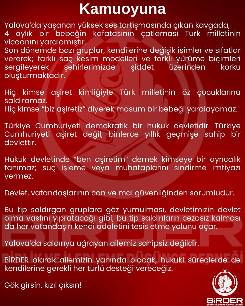 Yalova’da yaşanan yüksek ses tartışması sonucu çıkan kavgada, 4 aylık bir bebeğin kafatasının çatlaması Türk milletinin vicdanını yaralamıştır.

Son dönemde bazı gruplar, kendilerine değişik isimler ve sıfatlar vererek; farklı saç kesim modelleri ve yürüyüş biçimleri sergileyerek