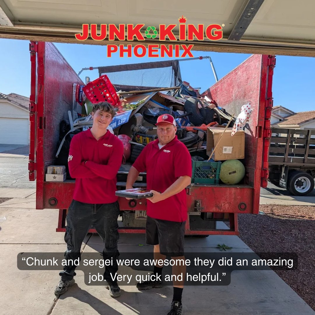 phoenixjunk's tweet photo. You heard it here! Junk King is your go-to for "quick and helpful" junk removal. Call us or boook online today. #JunkKing #Phoenix #5stars https://t.co/xT71U260Gg