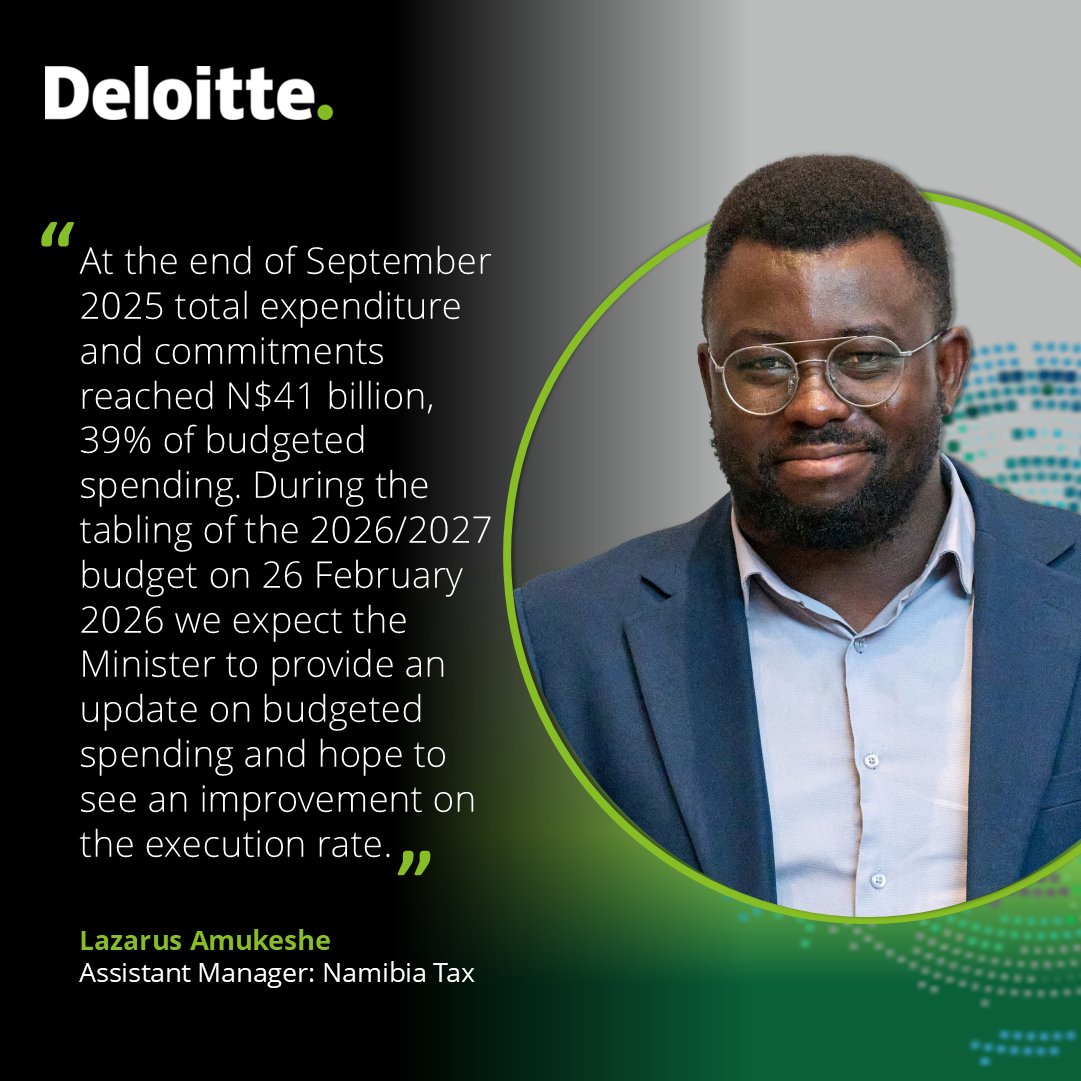 By September 2025, total expenditure and commitments hit N$ 41 billion - 39% of the budget. Will the Minister provide and update on spending and improved execution?

#Nationalbudget #DeloitteNamibia #DeloitteTax #togethermakesprogress