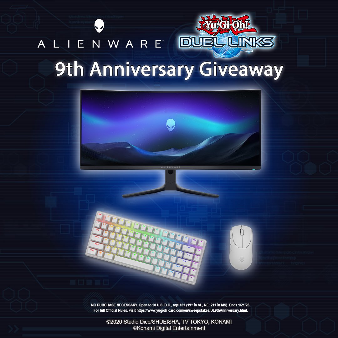 The #YuGiOhDUELLINKS 9th Anniversary Campaign has begun! We partnered up with <a href="/Alienware/">ALIENWARE</a> to give away an Alienware PC Accessory Prize Package to one lucky winner! To enter, reply below with your favorite DM World character or monster and include #YGODL9thAnniversarySweepstakes.