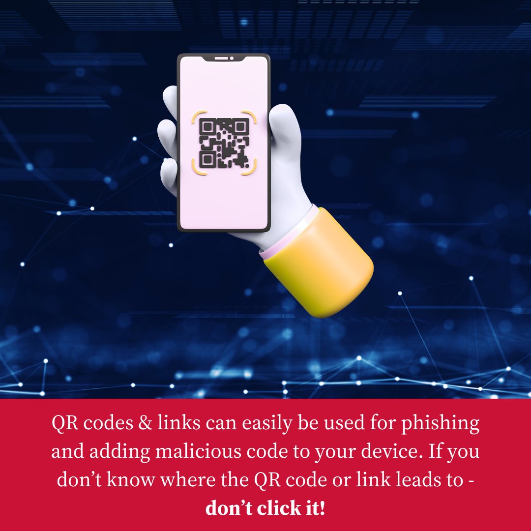 Marist_IT's tweet image. Don't scan random QR codes or click on random links. QR codes &amp;amp; links can easily be used for phishing and adding malicious code to your device. If you don't know where the QR code or link leads to - don't click it! #CyberMonday #Cybersecuritytips #becybersmart