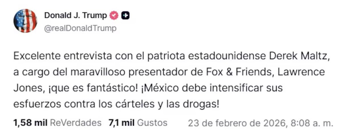 El expresidente de Estados Unidos, Donald Trump, reaccionó al operativo en Jalisco que culminó con la muerte de Nemesio Oseguera Cervantes, alias “El Mencho”, líder del Cártel Jalisco Nueva Generación. En un mensaje publicado en su cuenta de Truth Social, el mandatario
