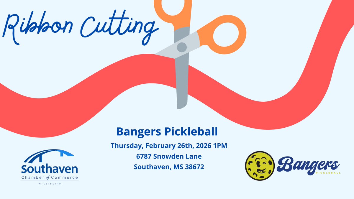 We invite you to join us for a ribbon-cutting celebration to welcome Bangers Pickleball to the Southaven Chamber family and Business Community. Sporting 4 indoor and 6 outdoor courts. Play, dine, or hang out in a space built for connection.