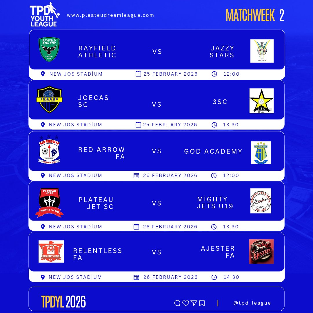 tpd_league's tweet photo. Matchweek 2
New Jos Stadium
📅 25th – 26th February 2026

The journey continues. The intensity rises.
Momentum builds and rivalries heat up.

Who keeps the streak alive? Who bounces back stronger?
The race is on.

#TPDYL2026 #Matchweek2 #youthfootball https://t.co/MWIUeSGElP