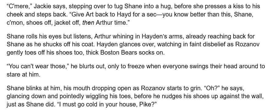 ch4 of take it slow is live! shane and ilya have dinner at the pike family home. 

as a heads up, it's uhhh massive, with over 30k words, because this one really got away from me. 

archiveofourown.org/works/75864996…