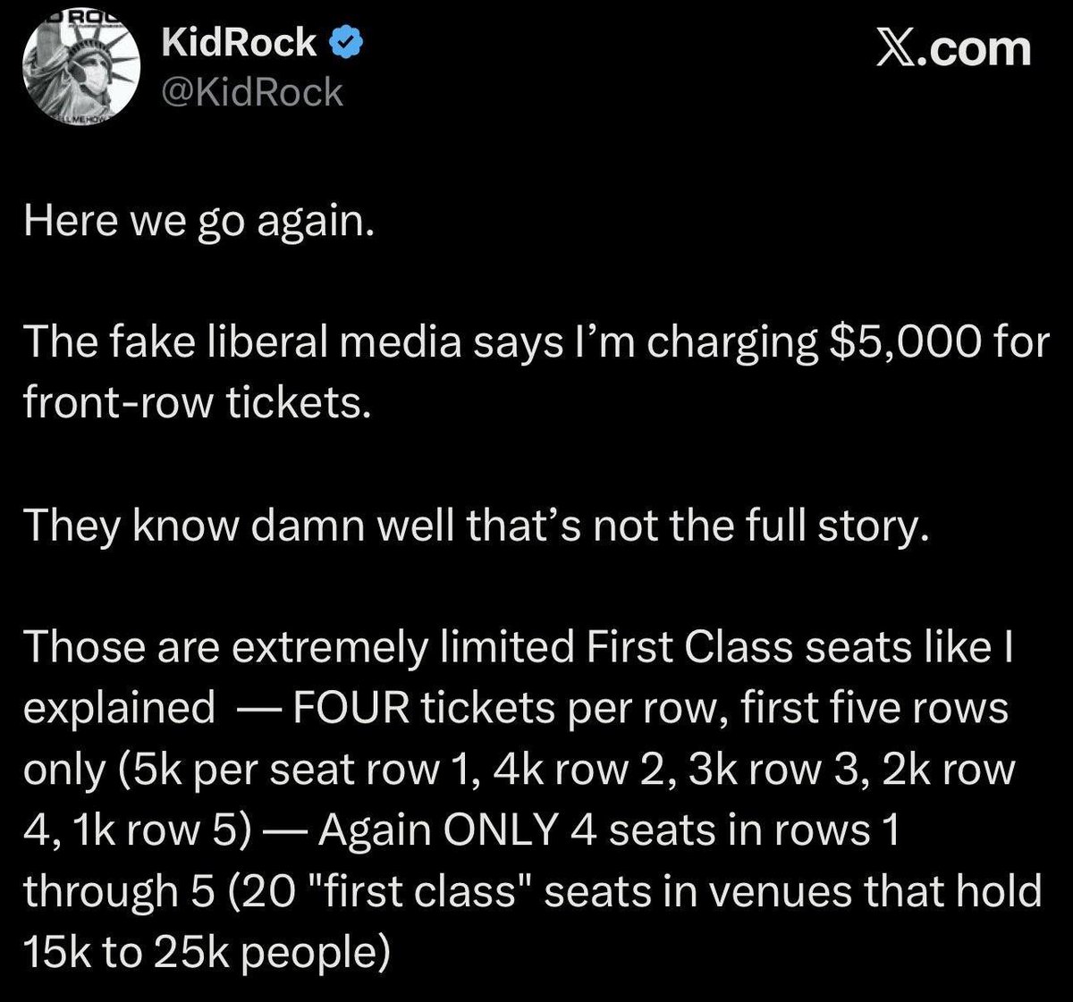 "The fake media is reporting that I'm charging $5000 for seats I'm charging $5000 for." Even his reflection was scratching its head after this tweet.