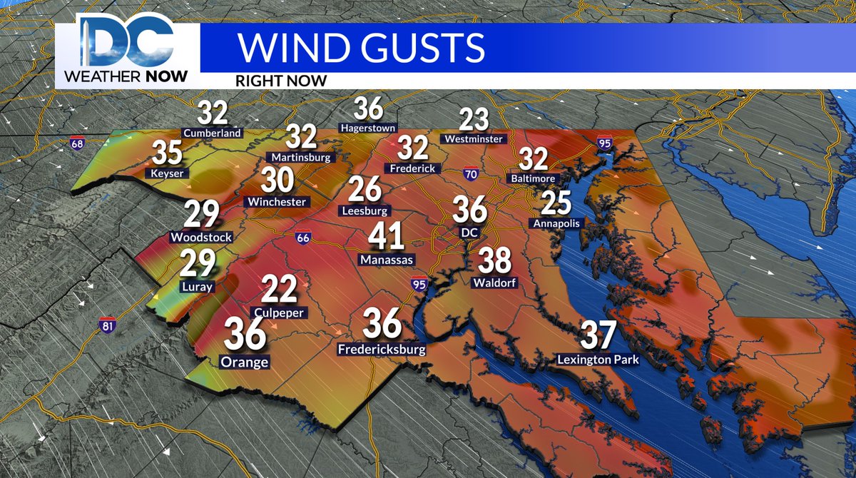 WeatherJackie's tweet image. 12pm Monday: Current temperatures have already reached into the mid to upper 30s, but when you factor in the wind, it feels at least 10-degrees colder. #LayerUp #DCwx #MDwx #VAwx