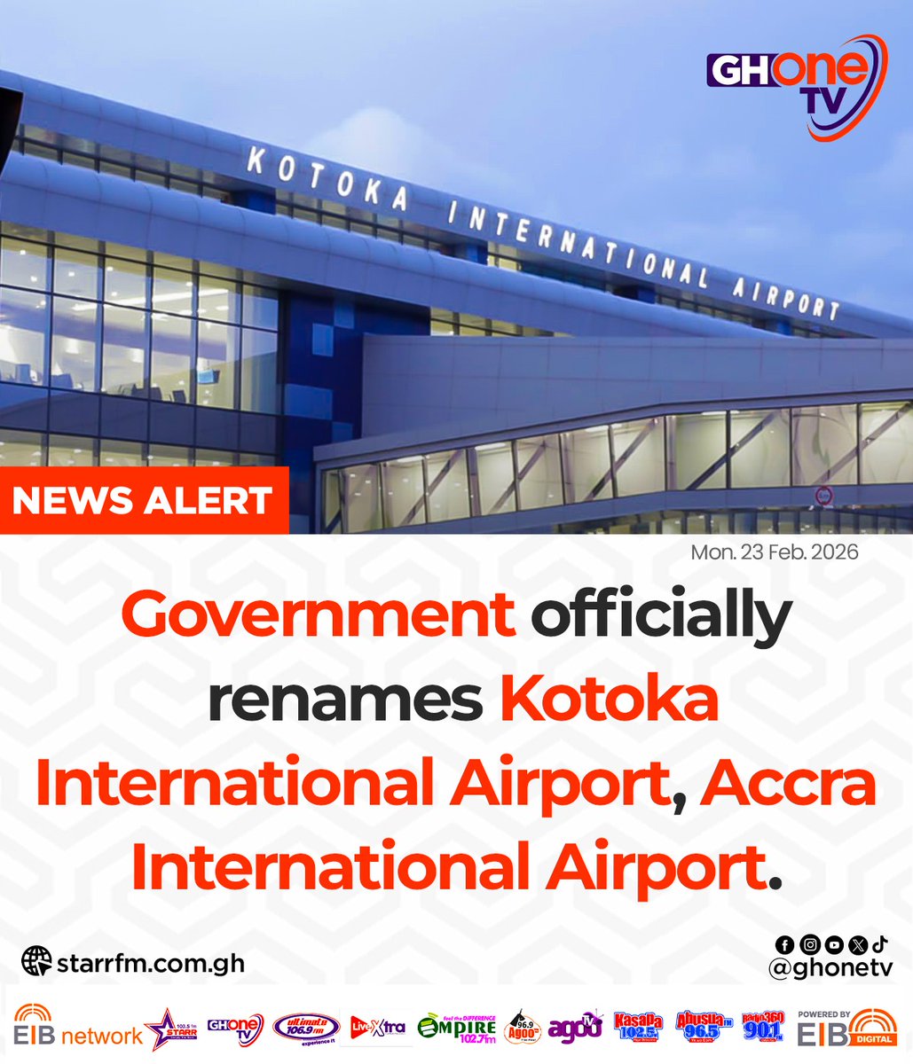 Kotoka International Airport officially renamed Accra International Airport... 

#GHOneNews #EIBNetwork 
#GHOneTV #NewsAlert
