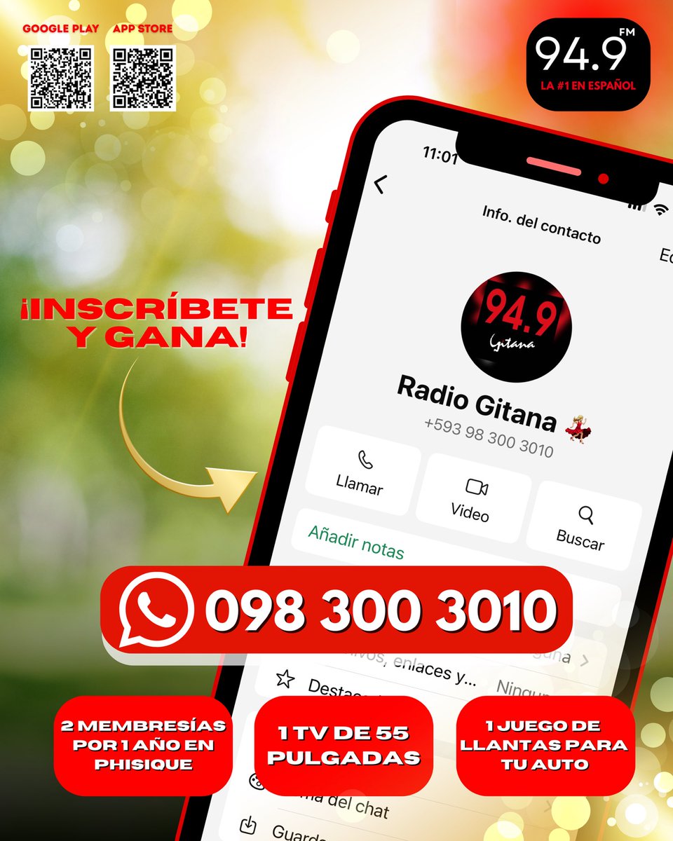 Por escuchar la radio que más te gusta también puedes ganar 😱

Inscríbete al 098 300 3010 📲 y participa por:
🏋️‍♀️ 2 membresías por 1 año en Phisique Wellness Club
📺 1 TV de 55"
🚗 1 juego de llantas para tu auto

Escucha 94.9FM y no te quedes fuera. ❤️

#949fm #Sorteo949FM