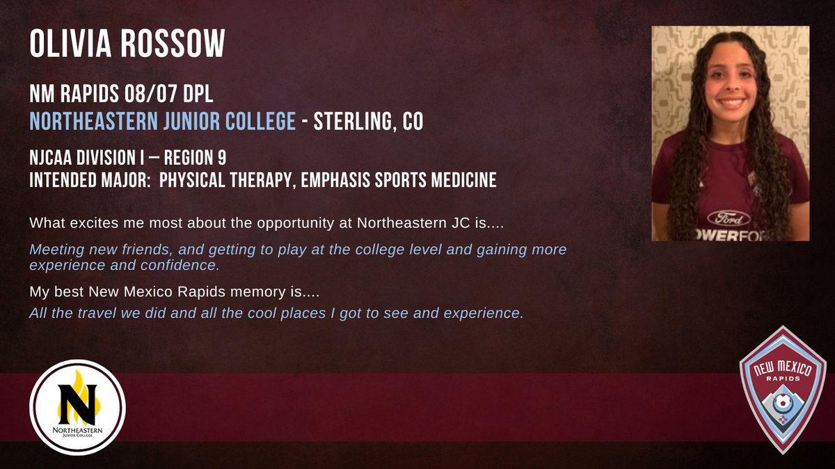 NMRapidsSC's tweet photo. We would like to feature our NM Rapids player: Olivia Rossow who has made a commitment to play soccer for Northeastern Junior College - Sterling, CO
We are so proud of you!
⚽️⭐️⚽️⭐️⚽️⭐️⚽️⭐️⚽️⭐️⚽️⭐️
#nmrapids #NMRapidsPride #Congratulations https://t.co/lcWLLDmoPq