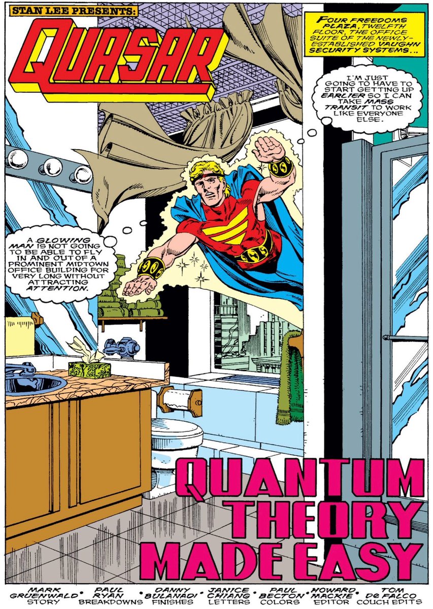 MarvelDailyArt's tweet image. A keen-eyed observer could easily discover Quasar’s secret identity just by seeing what building he flies in and out of regularly. Quasar hangs a lampshade on it here, but it’s a problem for a lot of superheroes. #marvel #quasar