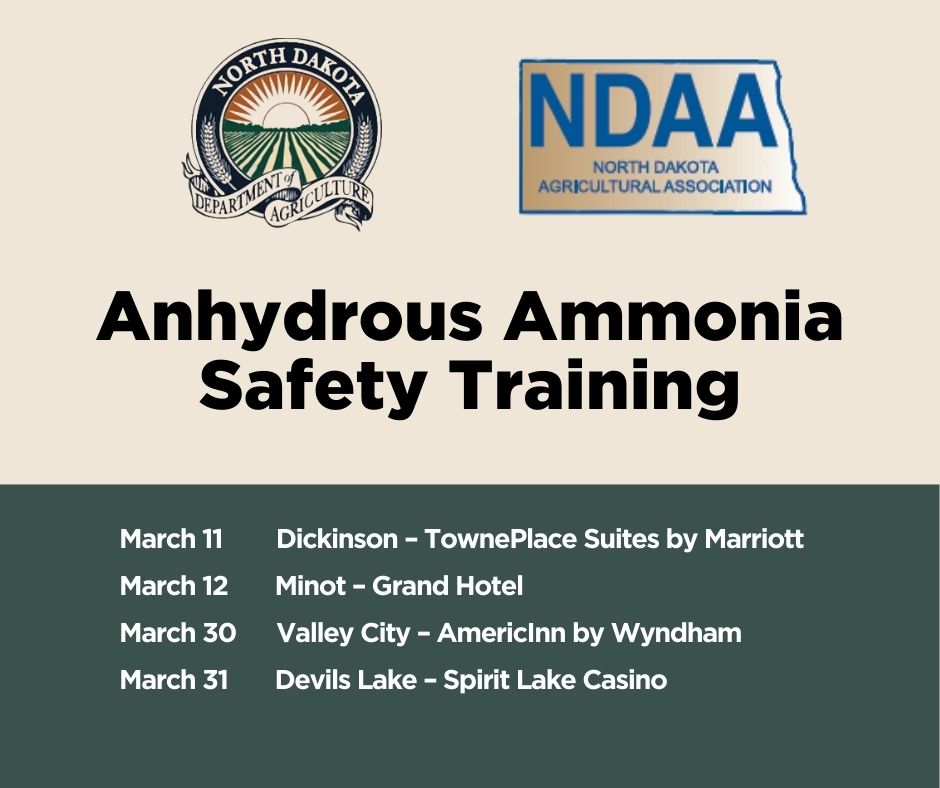 NDSoybean's tweet photo. Anhydrous Ammonia Safety Training

The @NDagriculture & ND Ag Association are hosting required safety sessions across the state. Attendees will receive a certificate of completion.

📅 Dates & Locations:
Mar 11 – Dickinson, 1 p.m. MT
Mar 12 – Minot, 9:30 a.m. CT
Mar 30 – Valley City, 1 p.m. CT
Mar 31 – Devils Lake, 9:30 a.m. CT

Learn more at: https://t.co/JWWelOM1Mj