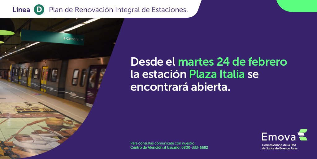 Emova_arg's tweet image. 🚨 ¡Atención usuarios!

👉 Desde el martes 24 de febrero, la estación Plaza Italia de la #LíneaD estará operativa.