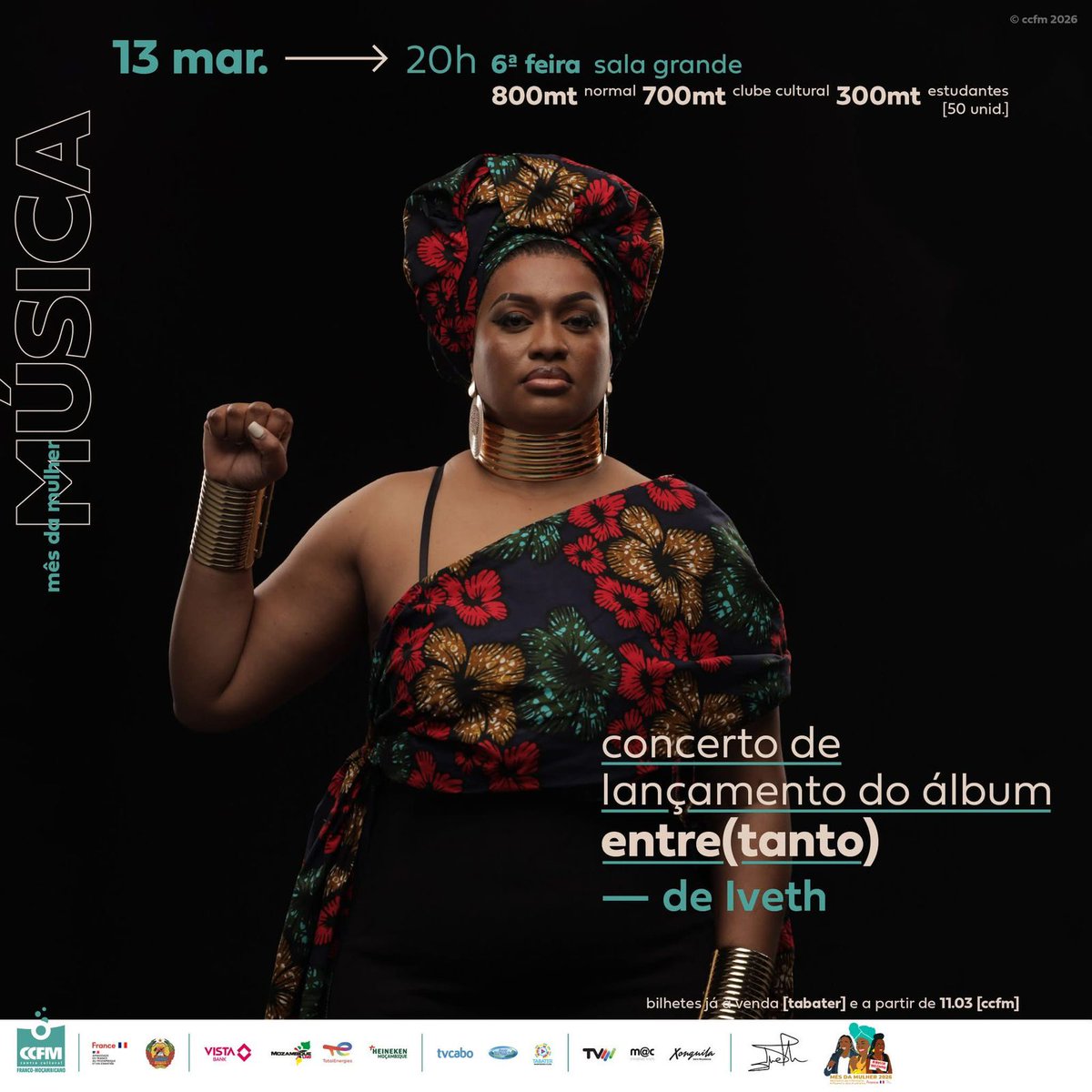 🎤 Família, chegou o dia! Meu álbum "Entre(Tanto)" ao vivo no Centro Cultural Franco-Moçambicano. 13 de Março, 20h. Bilhetes já à venda! 🎟️ 800 MT (normal) | 700 MT (clube) | 300 MT (estudantes) 👉 tickets.tabater.co.mz/e/325

#IvethNoCCFM #EntreTanto #ivethcbc
