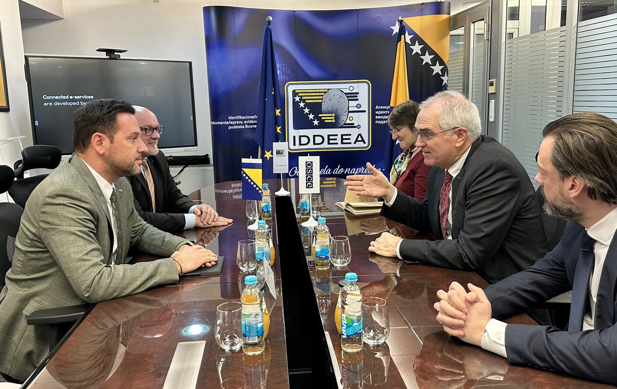 OSCEBiH's tweet photo. Election integrity and digital governance were high on the agenda as Ambassador Holtzapple met with Almir Badnjević, @IDDEEABIH Director, to reaffirm #OSCEBiH support. They discussed the agency’s technical role in elections, clarifying both the potential and limits of election technologies and e-ID services.
