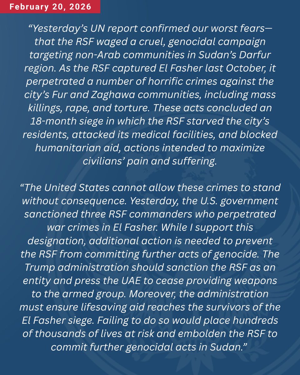 HouseForeign's tweet photo. Ranking Member @RepGregoryMeeks issued a statement on Friday after the UN’s International Fact-Finding Mission concluded that the RSF committed acts of genocide against non-Arab communities in Sudan’s El Fasher city: https://t.co/7BpX1uBcfG