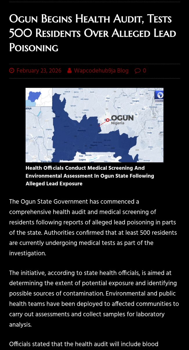Ogun Begins Health Audit, Tests 500 Residents Over Alleged Lead Poisoning

State Authorities Launch Investigation And Medical Screening Following Concerns Of Possible Environmental Contamination

#entertainment #wapcodehubsite #entertainment #poledancenation #newsletter