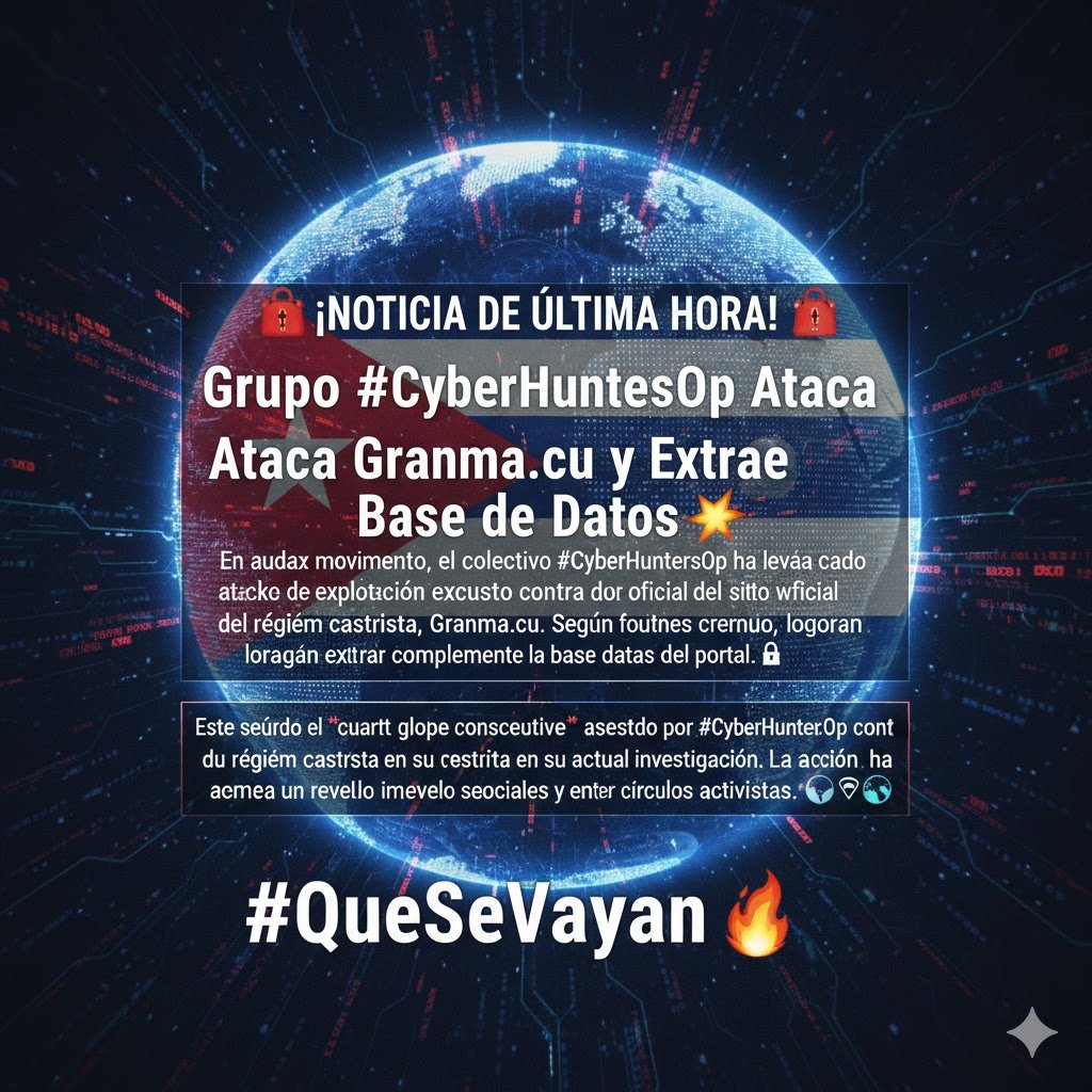🚨 ¡NOTICIA DE ÚLTIMA HORA! 🚨
#QueSevayan 
🚨Follow <a href="/quesevayancuba/">Que Se Vayan</a> 🔥

Grupo #CyberHuntersOp Ataca Granma.cu y Extrae Base de Datos 💥

En un audaz movimiento, el colectivo #CyberHuntersOp ha llevado a cabo un ataque de explotación exitoso contra el sitio web