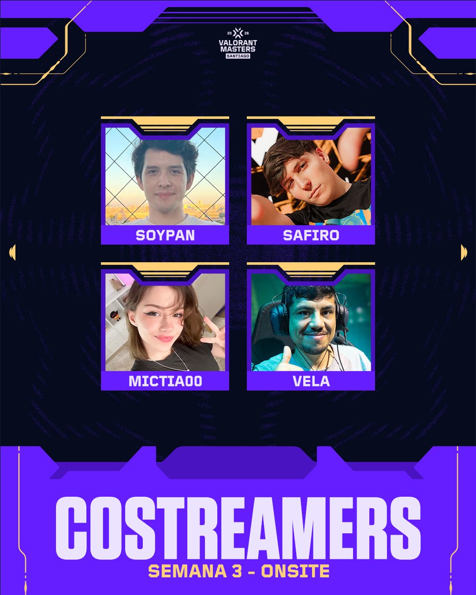 valesportsla's tweet photo. ¡COSTREAMERS #VALORANTMasters SANTIAGO!

📺 @PurrjectYui 
📺 #Matijesus
📺 @momoqla 
📺 @iC0NiC 
📺 @nanowfps 
📺 @vitacelestine 
📺 @prin_vlr 
📺 @SoyPan__ 
📺 @SafiroVT 
📺 @Mictia00 
📺 @ez_vela 
📺 @suga_vct https://t.co/XQN6hX3ulm
