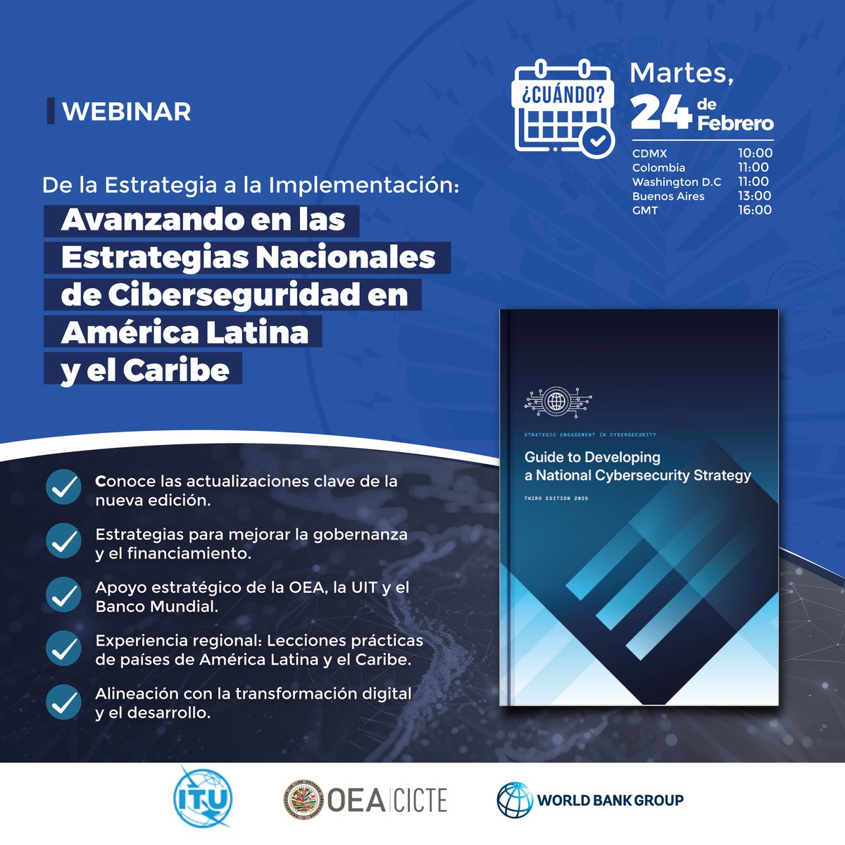 #MAÑANA tenemos nuevo webinar y, si trabajas en ciberseguridad desde la perspectiva de la implementación de políticas públicas… ¡NO TE LO PUEDES PERDER! 🙌

Mira qué agenda:
🟩Presentaremos la nueva edición de la Guía para el Desarrollo de Estrategias Nacionales de