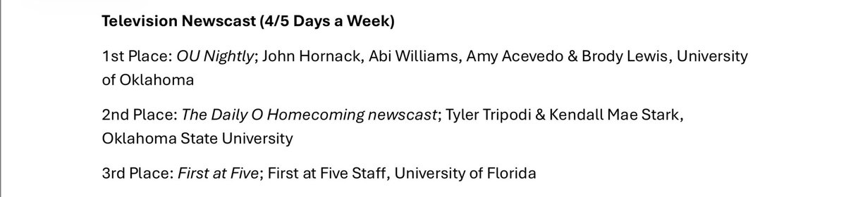 ZacBergerKNOE's tweet photo. I am blessed to share the news that The Daily O’Collegian newscast placed 2nd in the country from the Broadcast Education Association! We submitted our Friday newscast of Homecoming week, which I anchored and produced arguably my best Sports Corner. So proud of everyone involved! https://t.co/wB6nkdakPx